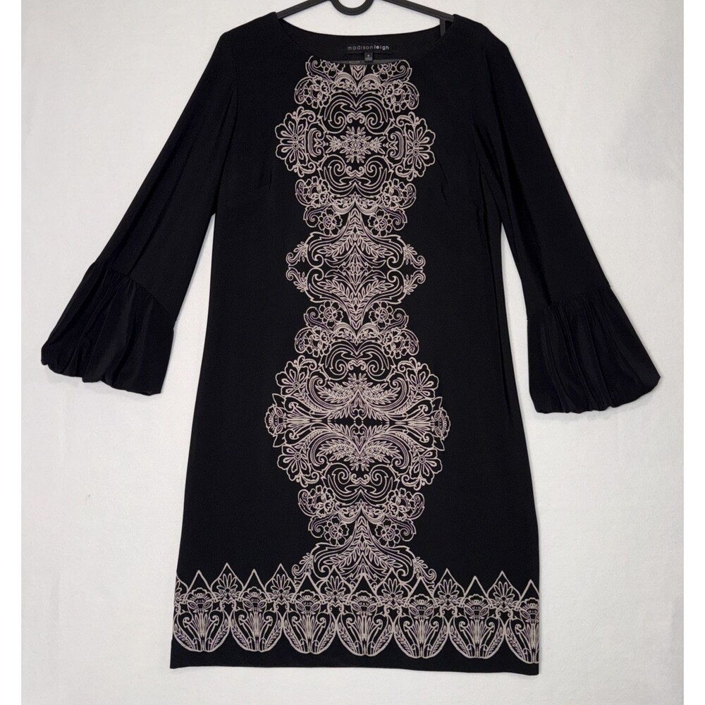 Madison Leigh Black Medallion Stamp Flare Sleeve Dress Gothic Whimsigoth Sz 6